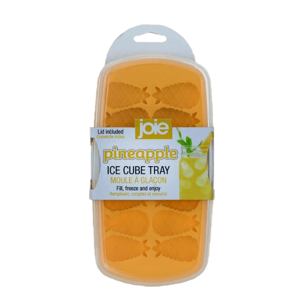 Orange pineapple-shaped silicone ice cube tray with a clear plastic lid for home use