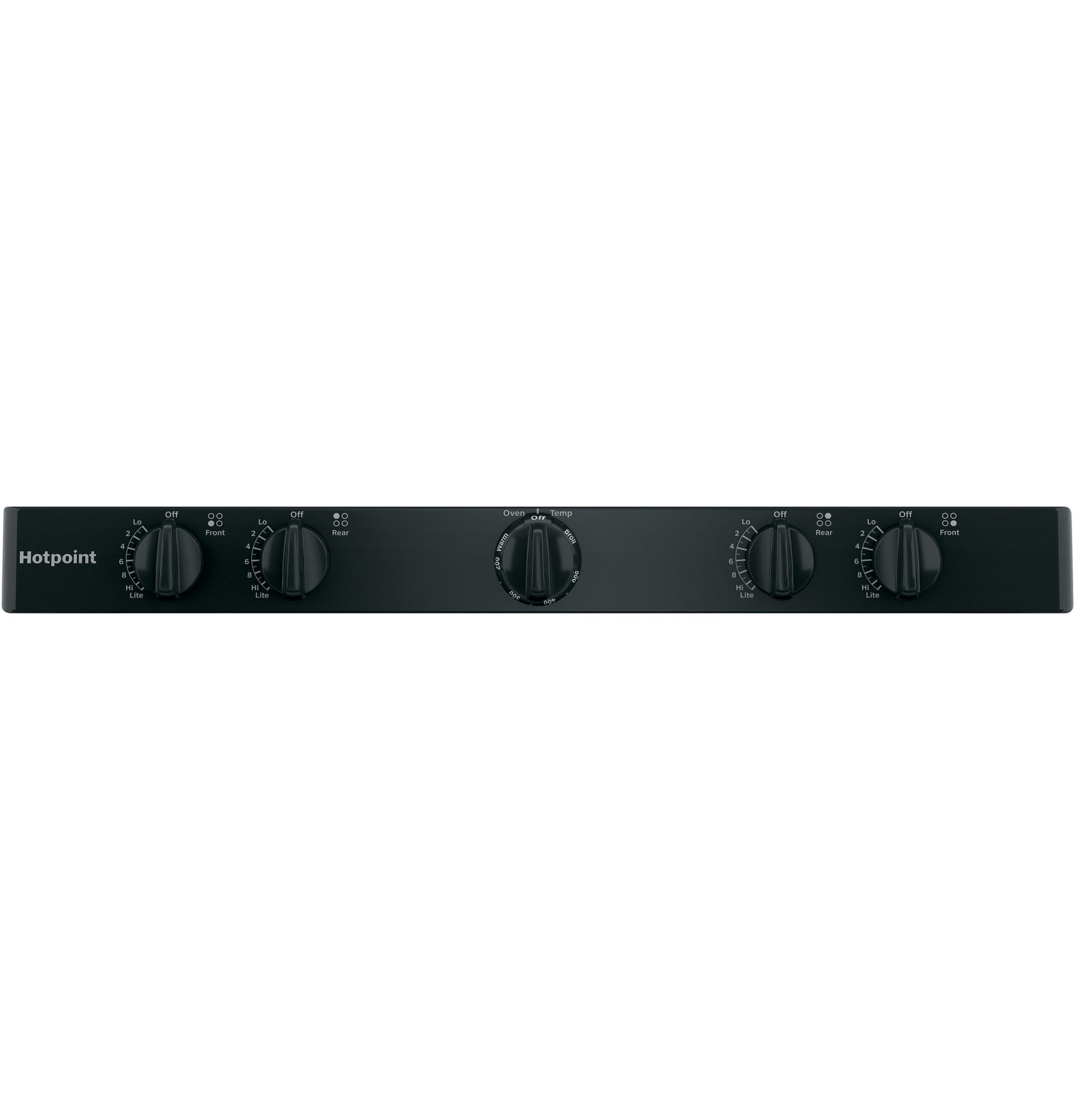 Black control panel with five knobs for gas range settings in kitchen appliances and gas ranges collection