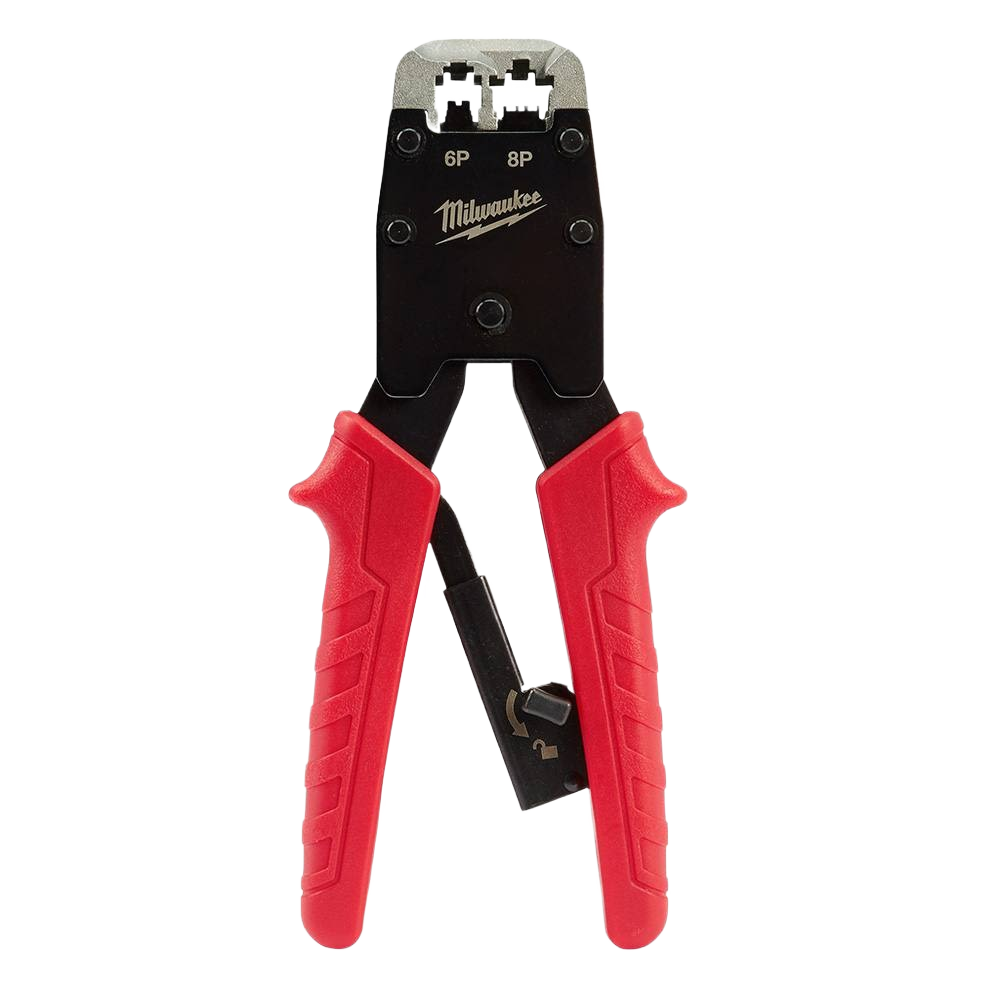 Ratcheting modular crimper with black metal head and textured red plastic handles for tools and home improvement projects