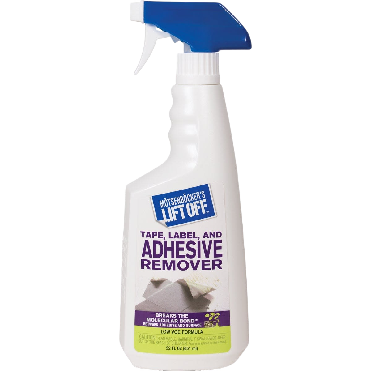 White spray bottle of adhesive remover with blue trigger and purple label for removing tape and labels in home improvement tasks
