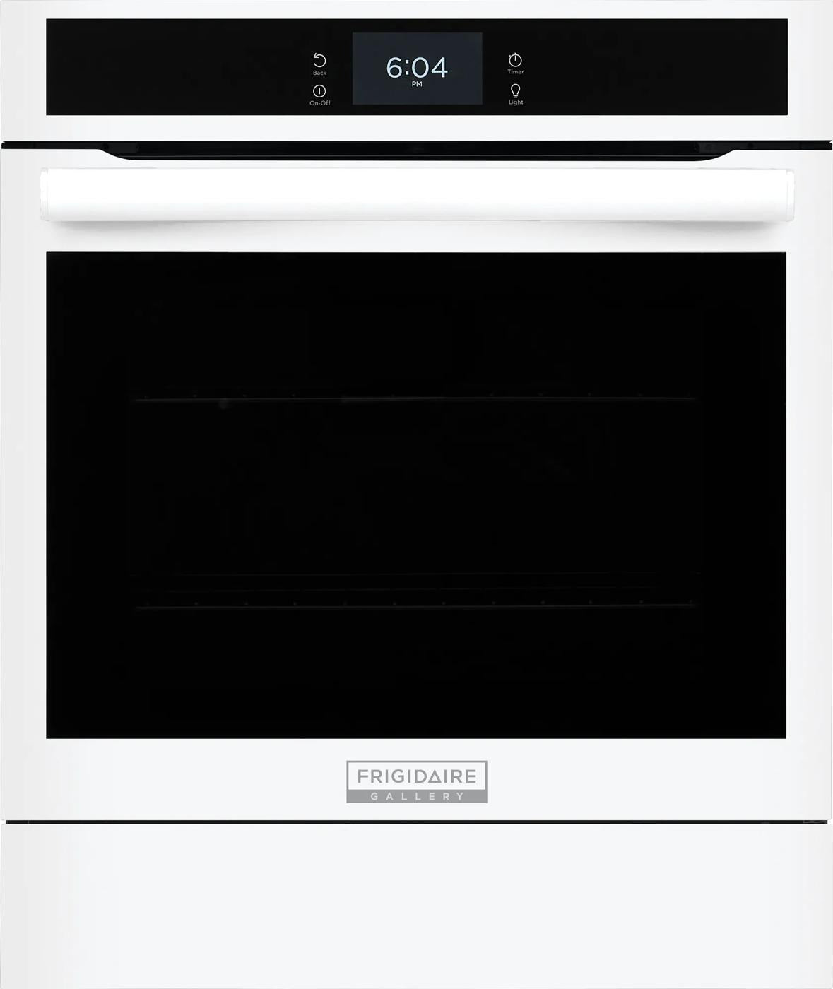 Front view of a white single electric wall oven with digital control panel and handle, part of Single Wall Ovens, Wall Ovens, Kitchen & Kitchenware, All Products, and Appliances collections.