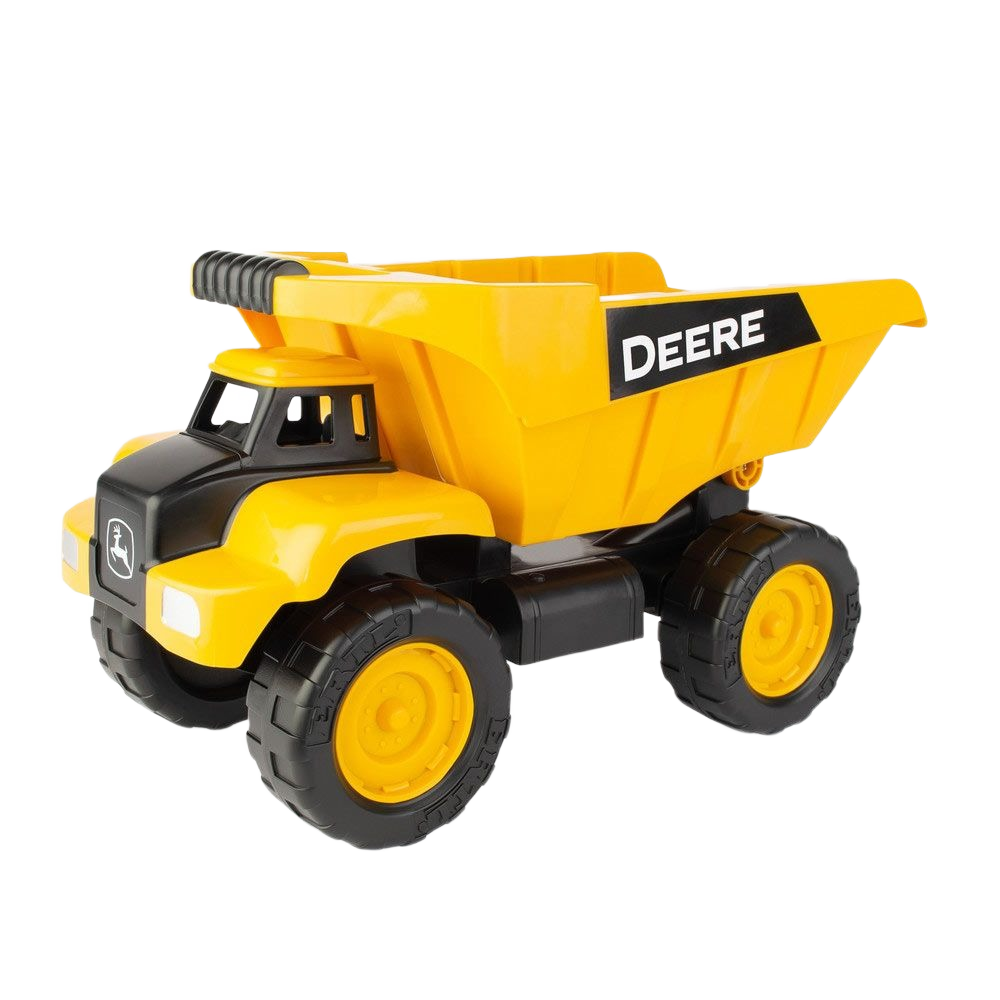 Yellow and black toy dump truck with large wheels and "Deere" logo on the side for kids' playtime fun