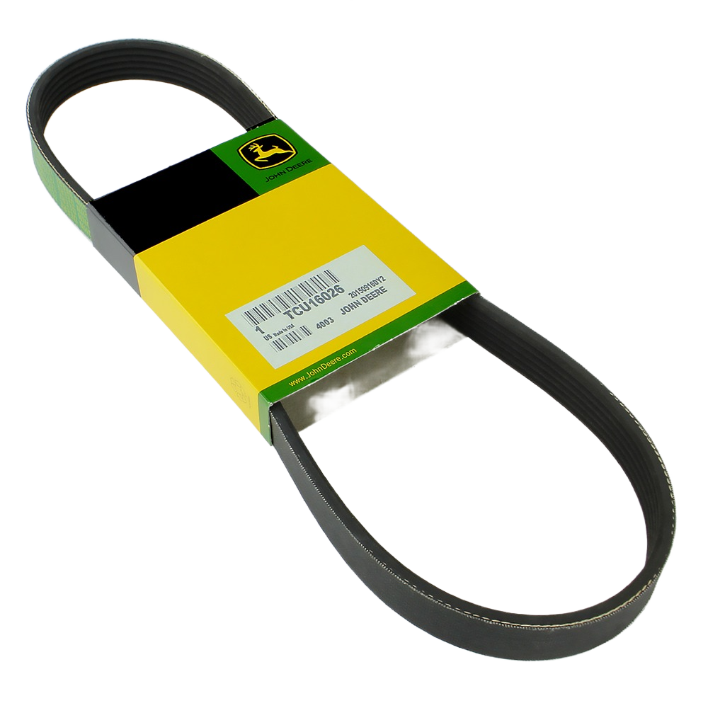 Black hydraulic pump drive belt with yellow and green John Deere branded packaging for tools and home improvement use