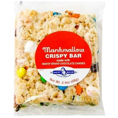 Individually wrapped marshmallow crispy bar with colorful chocolate candies in clear packaging for a sweet treat