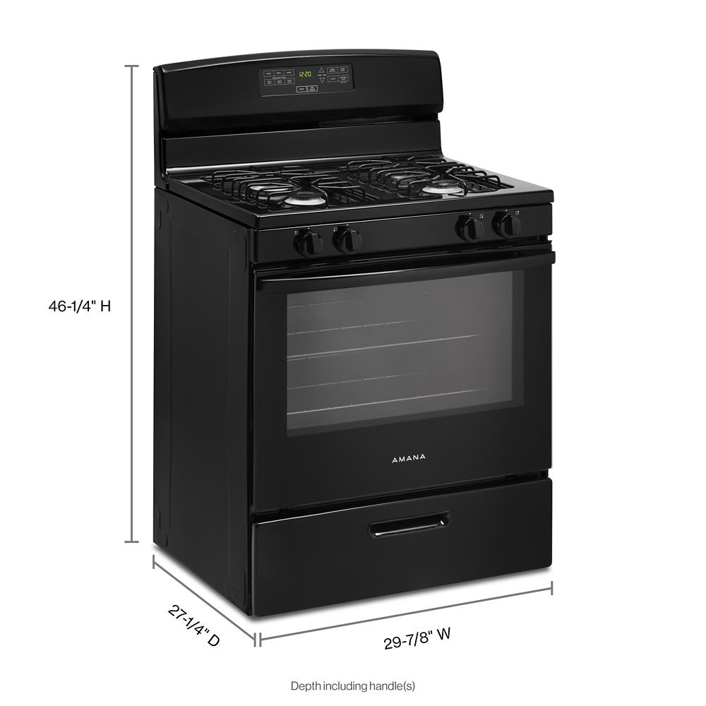 Black freestanding 30-inch gas range with digital control panel and multiple burners from kitchen appliances collection.