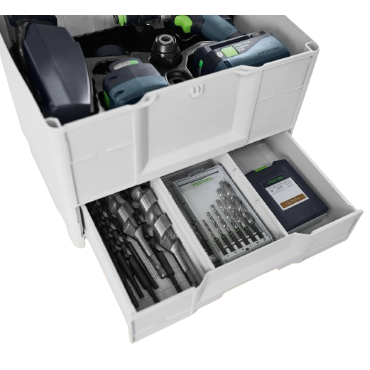 Compact white modular storage with drills, drill bits, and accessories for woodworking and home improvement tools organization