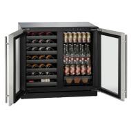 Black beverage center with dual glass doors open, showing wine bottles and canned drinks inside for kitchen use.
