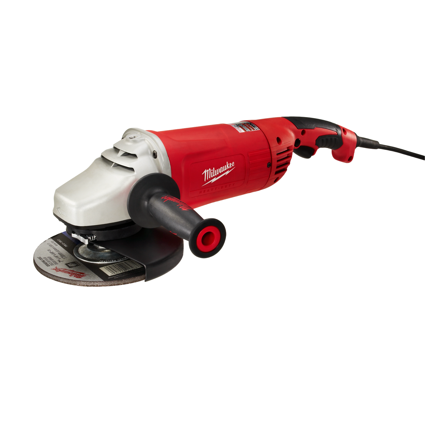 Red Milwaukee large angle grinder with ergonomic handle and lock-on switch for heavy-duty tools and home improvement tasks