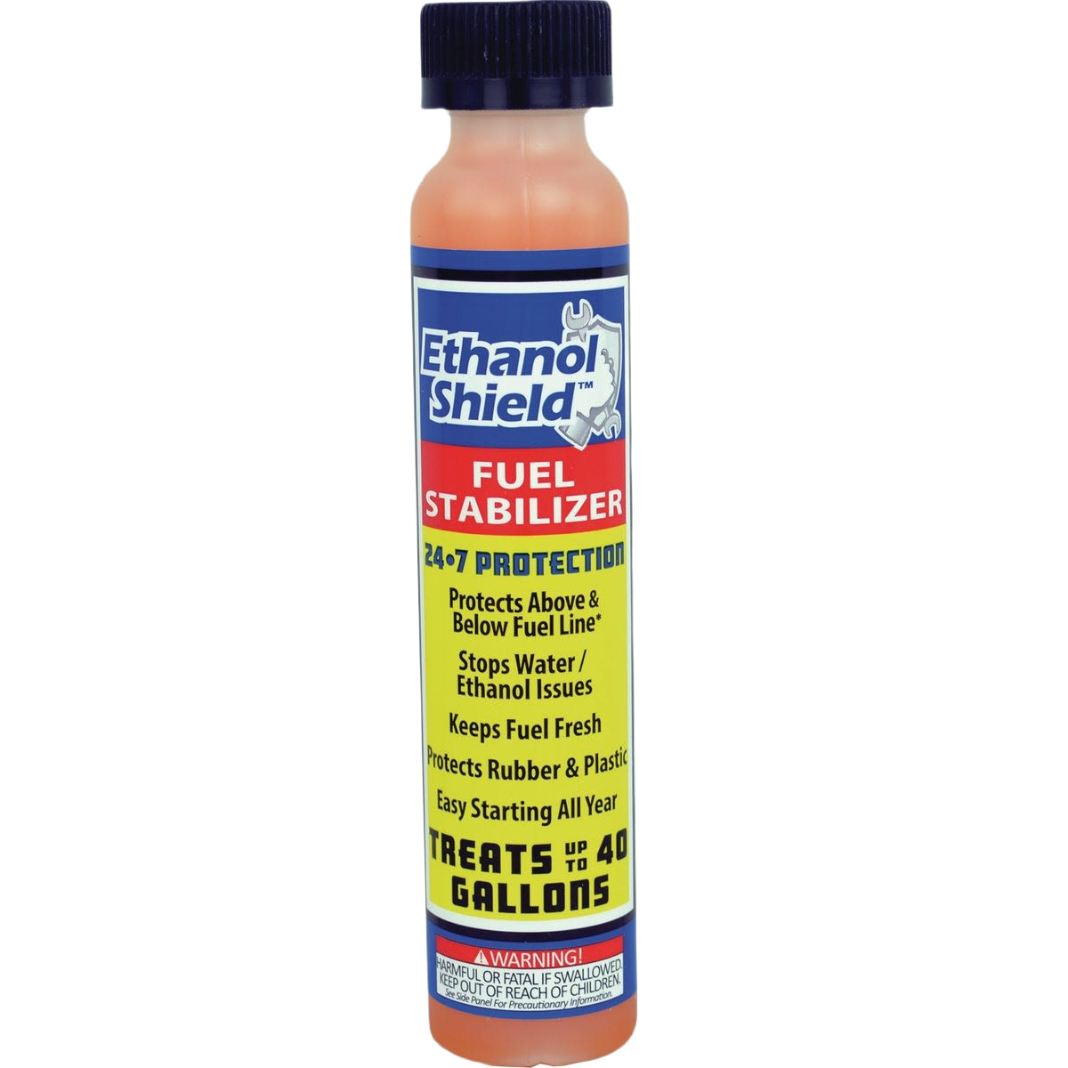 Small bottle of ethanol shield fuel stabilizer for protecting and maintaining fuel quality in home improvement tasks