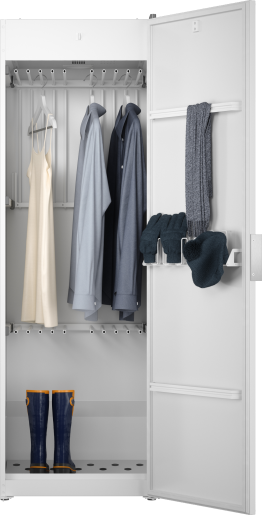 Open white vented drying cabinet with hanging garments, pull-out racks, and boot storage, ideal for home laundry spaces.