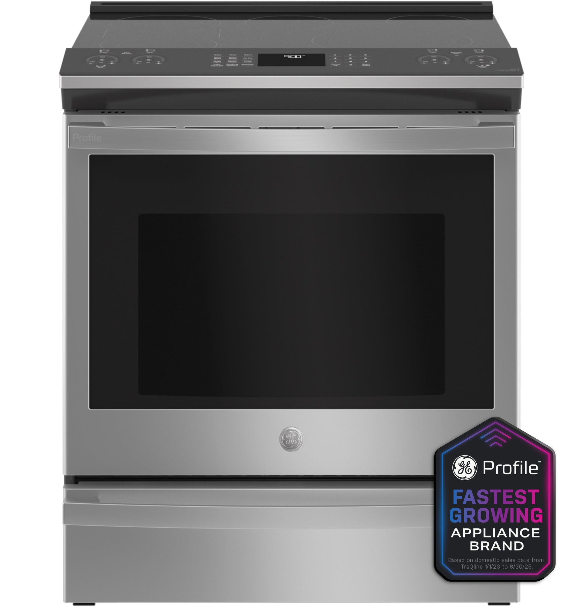 Stainless steel slide-in electric range with convection oven and digital controls, part of kitchen appliances collection