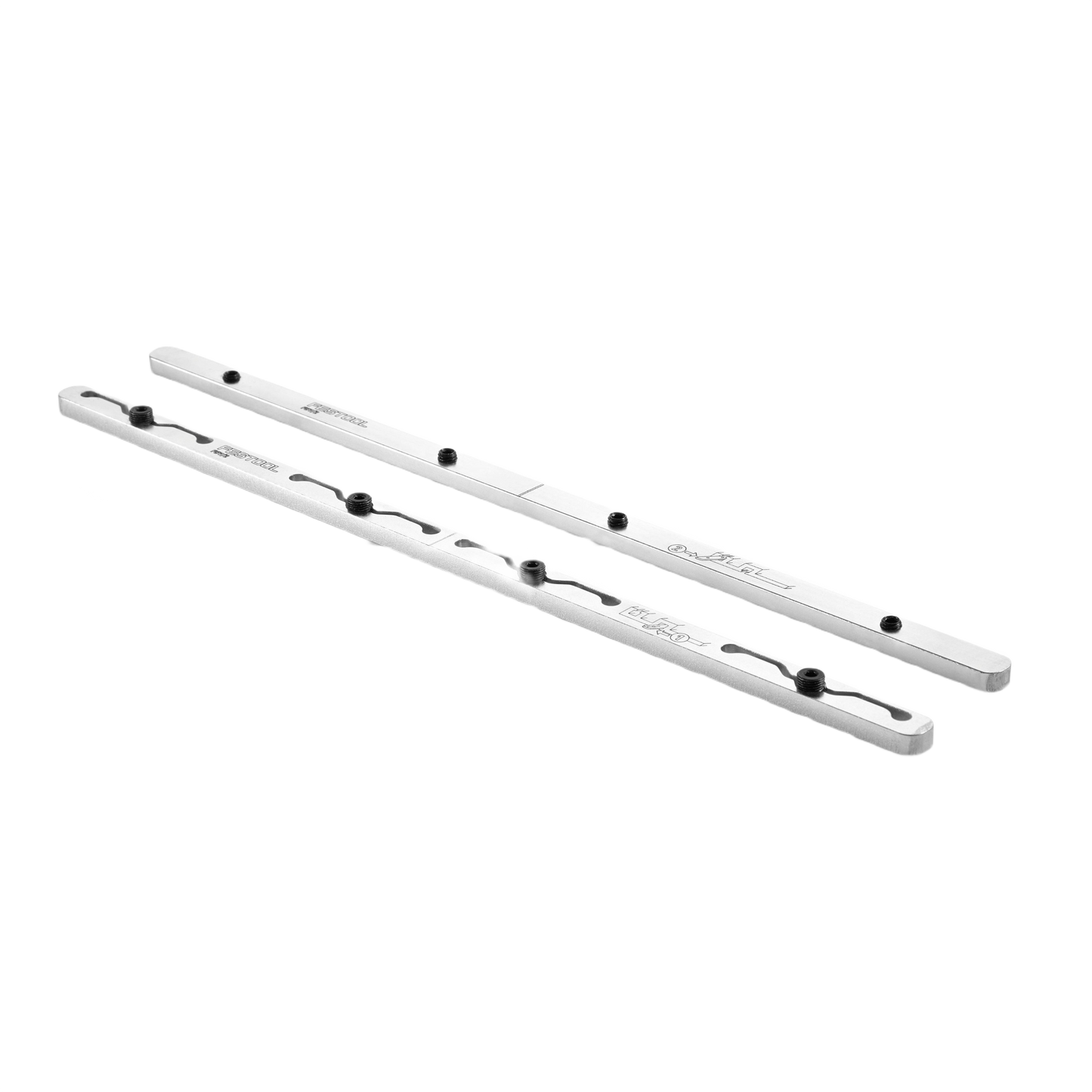 Pair of silver metallic guide rail connectors with black fastening knobs for woodworking and power tool accessories.