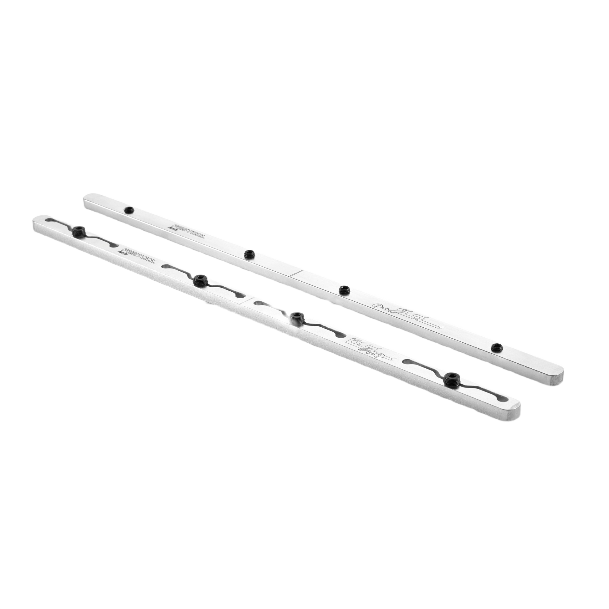 Pair of silver metallic guide rail connectors with black fastening knobs for woodworking and power tool accessories.