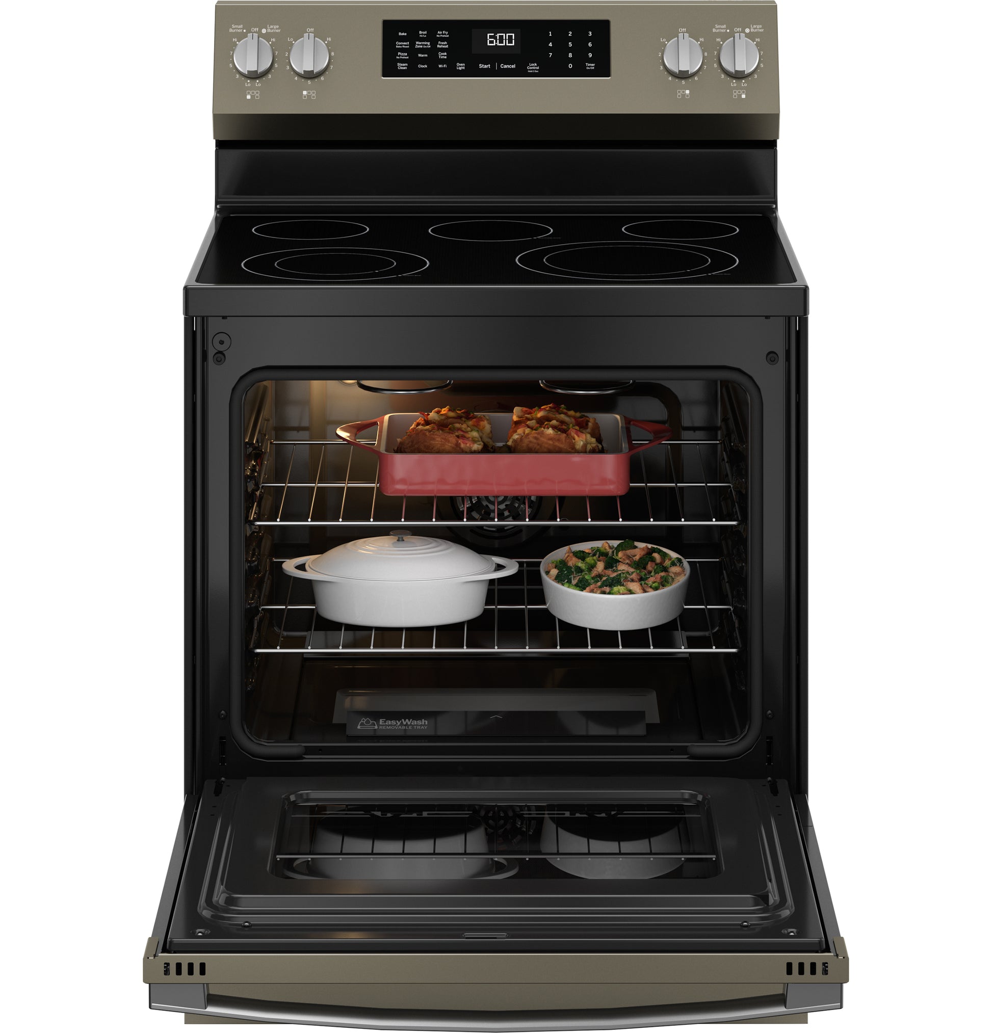 Open electric convection range with dishes cooking inside, featuring a smooth glass cooktop and digital controls