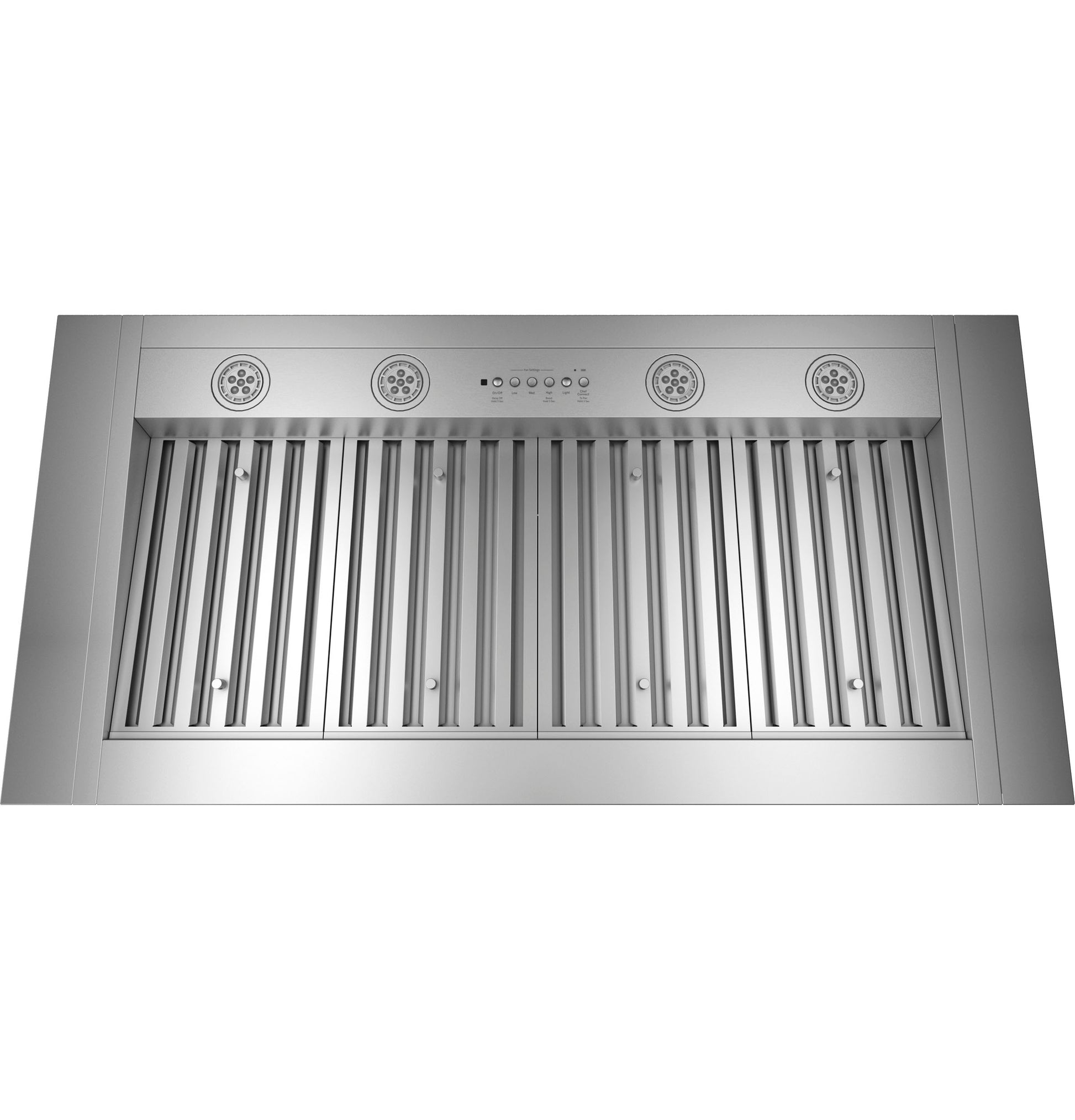 Stainless steel 48-inch custom range hood insert with ventilation fans and control buttons, kitchen appliance accessory