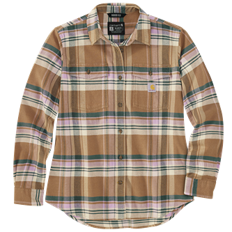 Long-sleeve flannel shirt in flaxseed color with green and white plaid pattern and button-down front