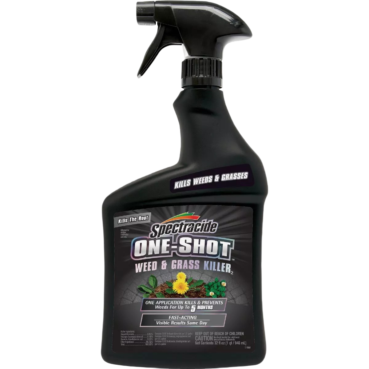 Black spray bottle with trigger nozzle of Spectracide One-Shot weed and grass killer for home improvement use