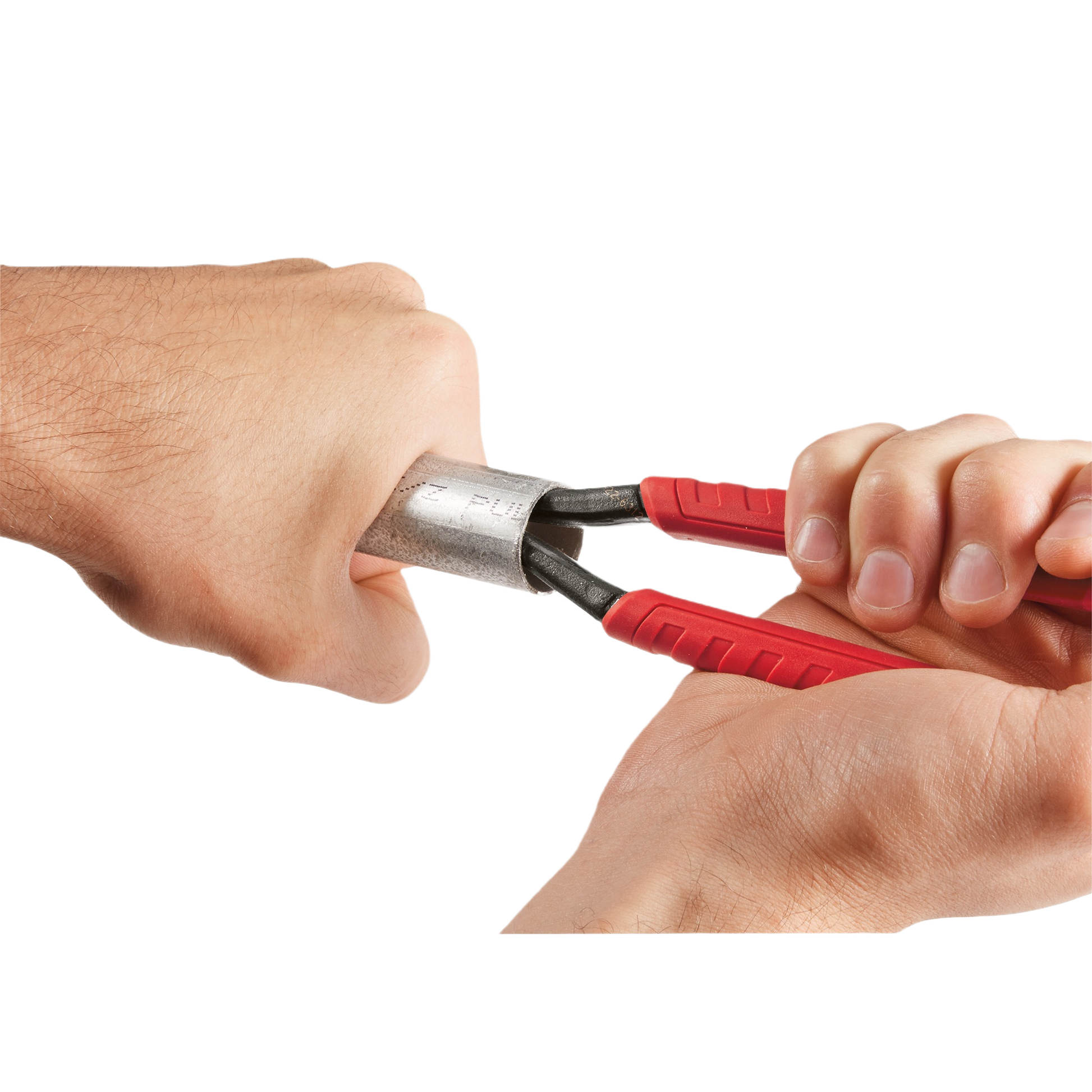 Hands using Milwaukee 10-inch hex-jaw pliers with red comfort grip handles to grip a metal pipe for home improvement tasks