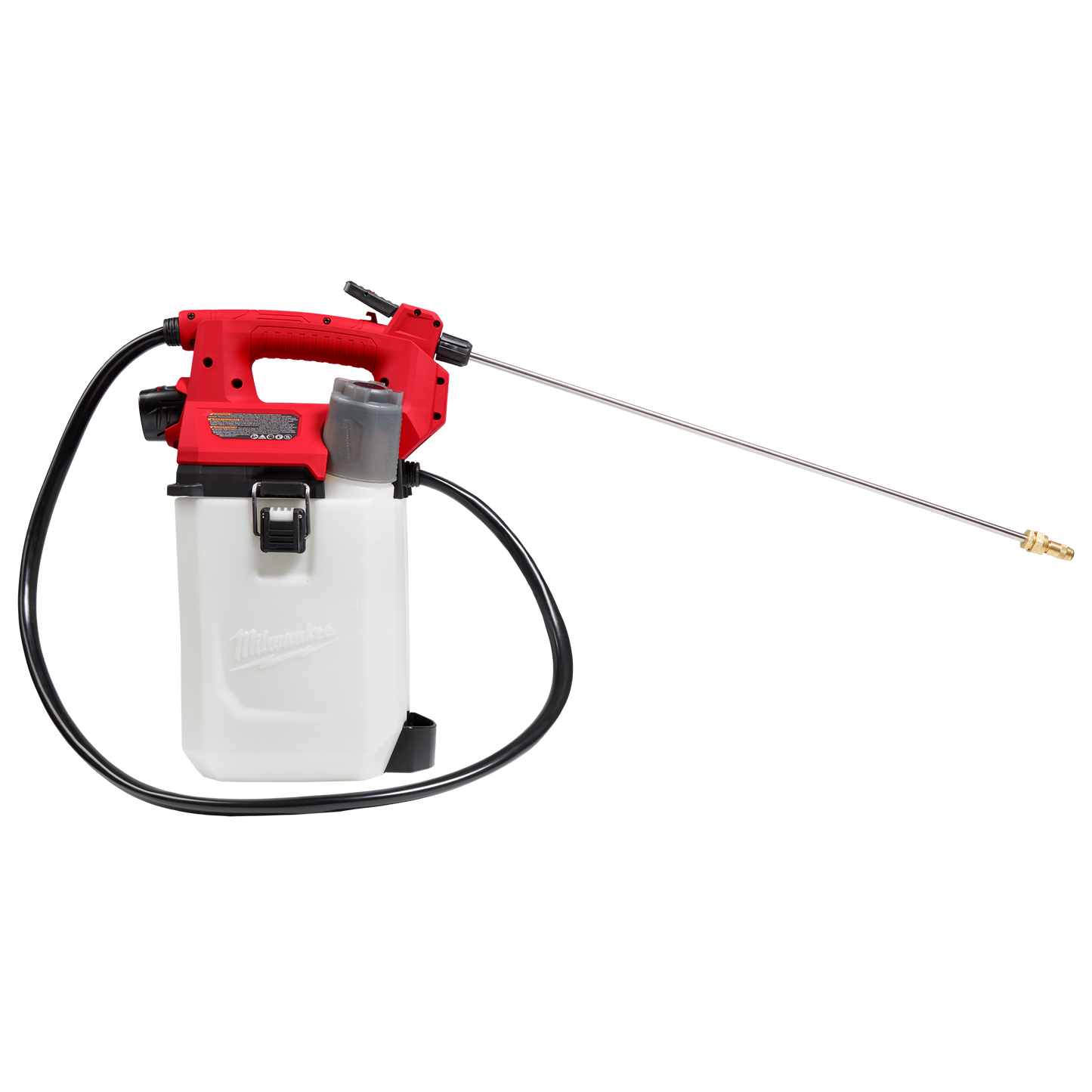 Cordless handheld sprayer with red and white tank, black hose, and metal nozzle for home improvement tasks