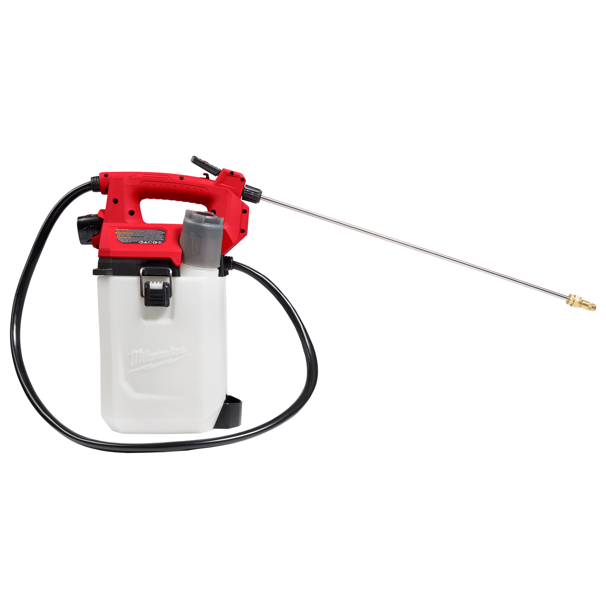 Cordless handheld sprayer with red and white tank, black hose, and metal nozzle for home improvement tasks