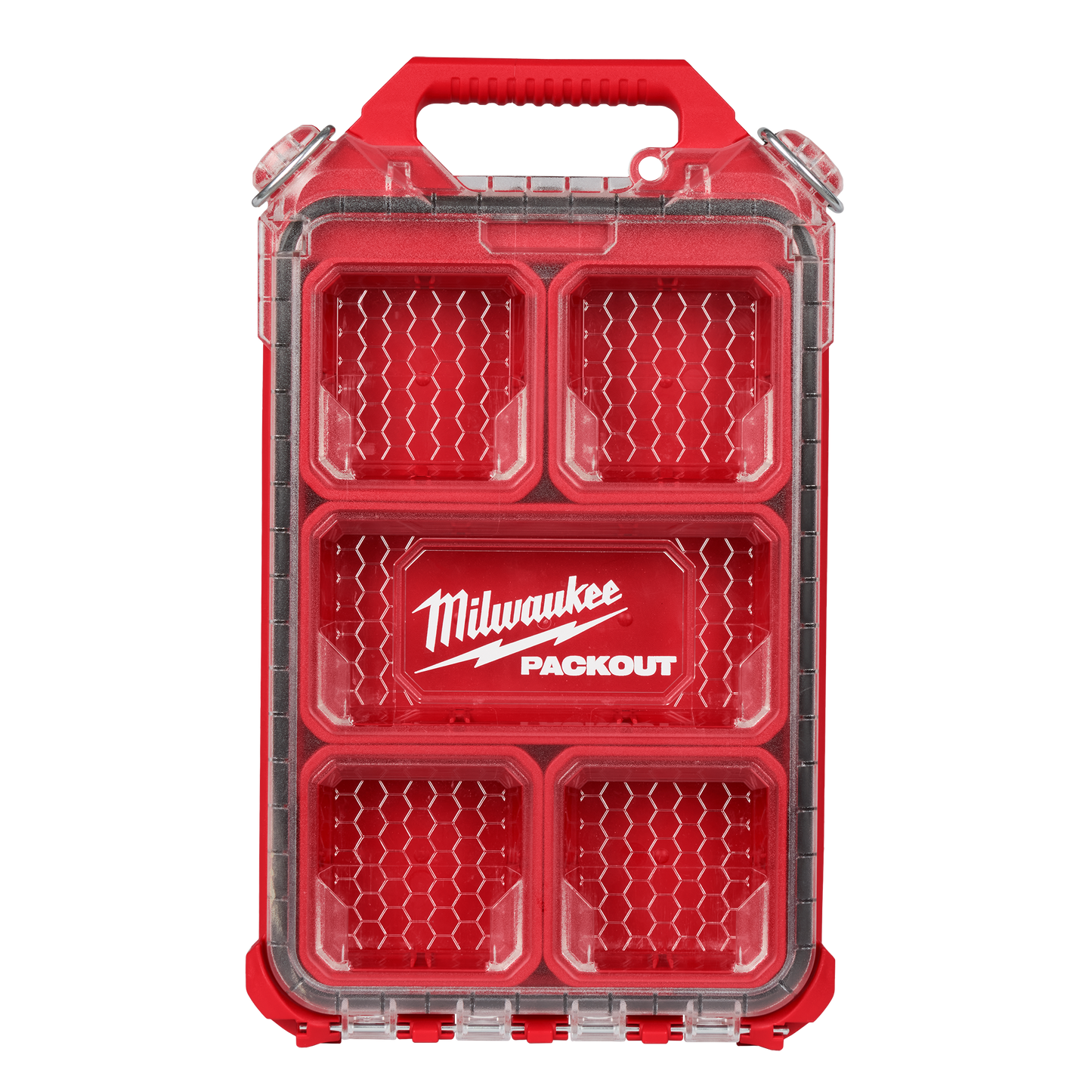 Compact red Milwaukee PACKOUT™ organizer with clear lid and multiple removable storage bins for tool organization