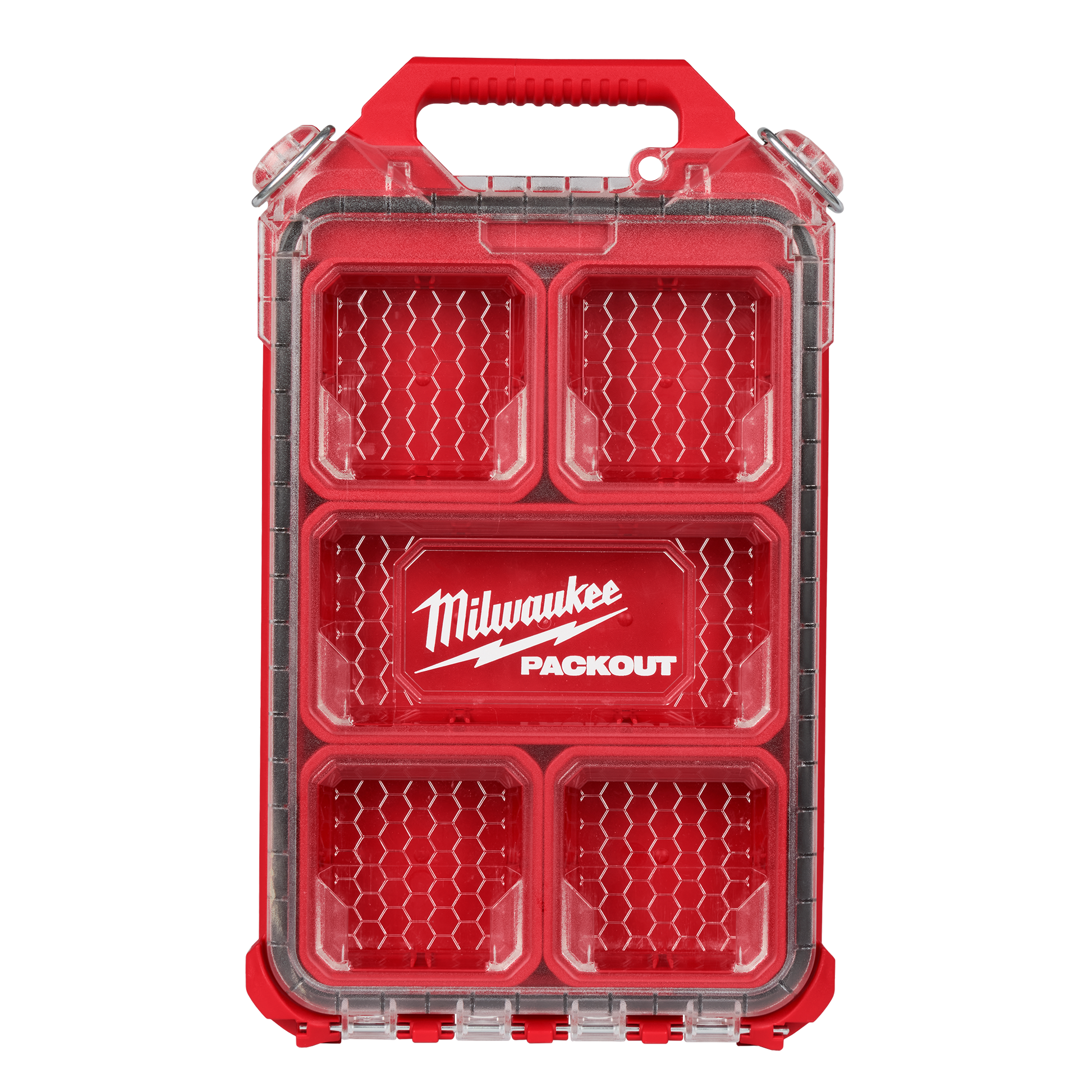 Compact red Milwaukee PACKOUT™ organizer with clear lid and multiple removable storage bins for tool organization