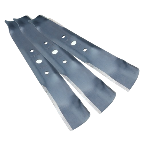 Set of three durable steel mower blades with sharp cutting edges for lawn maintenance and tools use