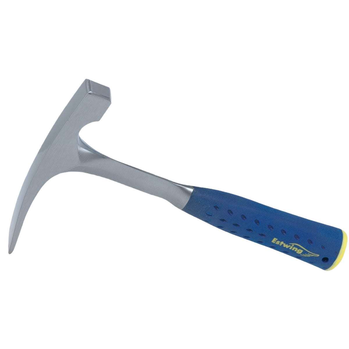 Steel handle brick hammer with blue grip designed for masonry and home improvement tasks