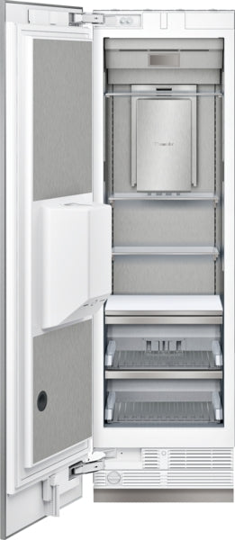 Open built-in freezer column with panel ready door, multiple adjustable shelves, and stainless steel interior design