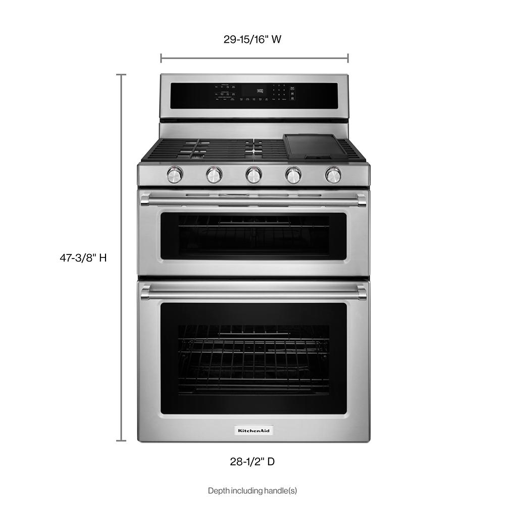 Stainless steel 5-burner gas double oven convection range for KitchenAid home improvement and kitchenware.
