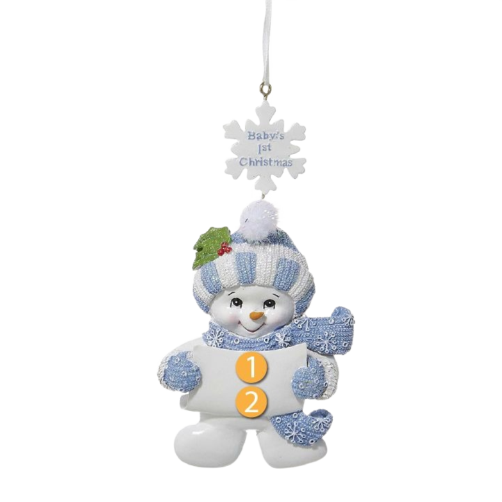 Blue and white snowman baby ornament with scarf and hat hanging from snowflake decoration for Christmas tree