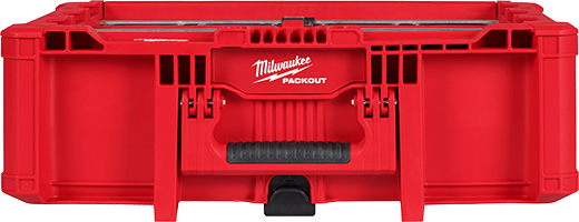 Red Milwaukee PACKOUT™ tilt bin organizer with ten removable bins for tool and small parts storage on jobsites