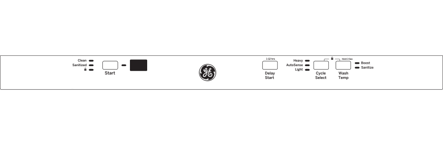 Control panel overlay for a stainless steel dishwasher with cycle options and delay start for kitchen appliances.