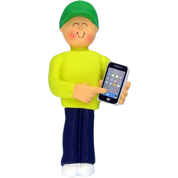 Handcrafted male figurine in green hat and yellow sweater holding smartphone, festive Christmas ornament under $50 collection