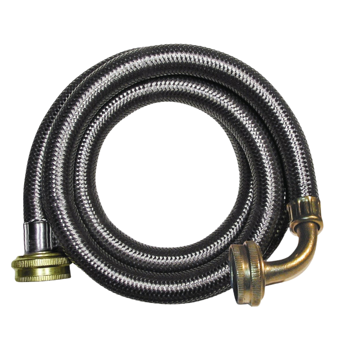 Flexible braided stainless steel washing machine hose with brass fittings including an angled elbow for plumbing repairs