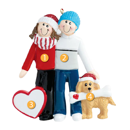 Personalized couple in winter clothes with dog holding bone by their side from Christmas Ornaments & Tree Decorations collection