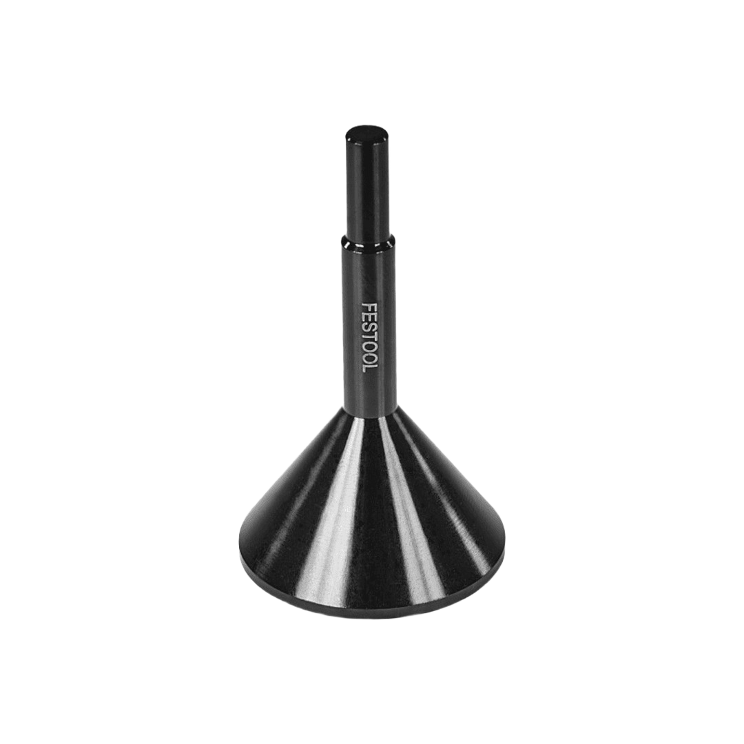 Black metal centering mandrel for router templates, part of Festool woodworking and power tool accessories collection.