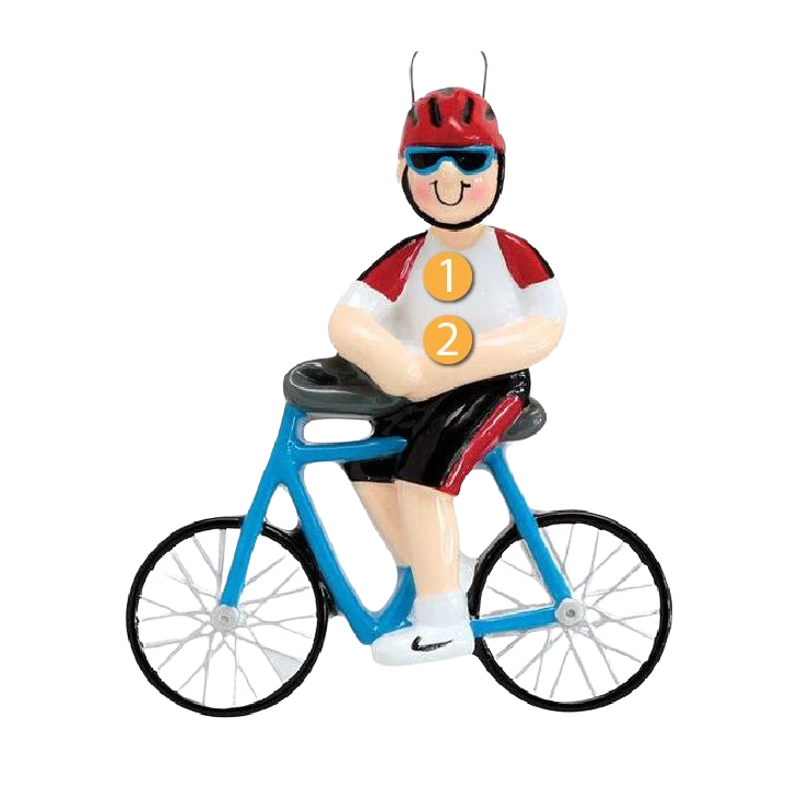 Boy figurine wearing helmet and sunglasses sitting on blue bicycle ornament for Christmas decorations under $50 collection