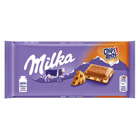 Purple Milka chocolate bar packaging featuring a cow, mountain, and Chips Ahoy cookie piece for candy and food collections