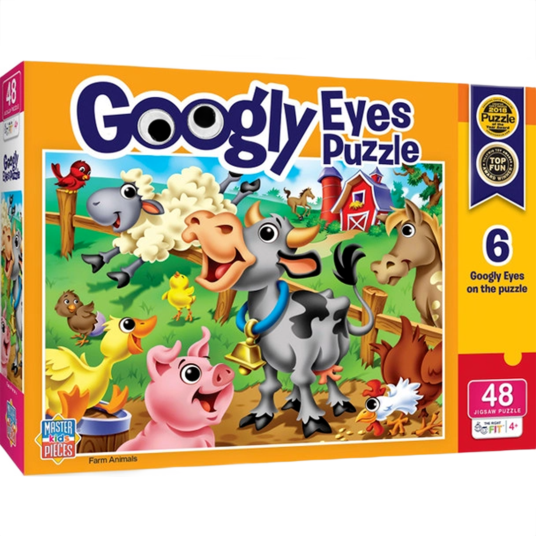 Colorful farm animal puzzle box featuring a cow, pig, sheep, and chicken with playful googly eyes for kids.