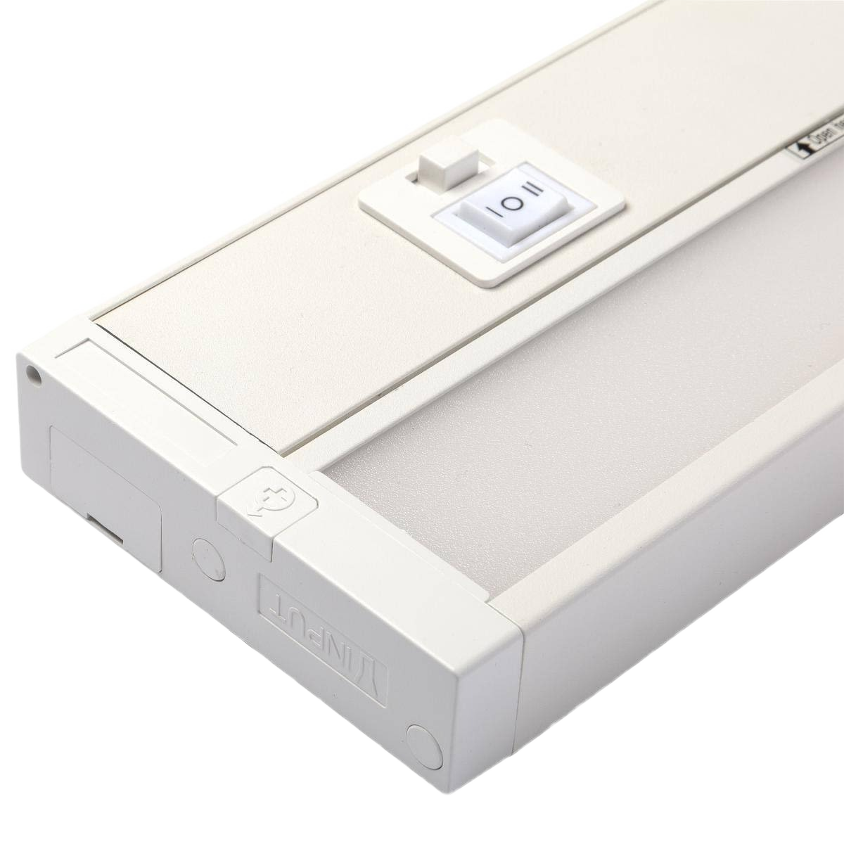 White mountable under cabinet LED light with on/off switch, ideal for kitchen and workspace lighting solutions