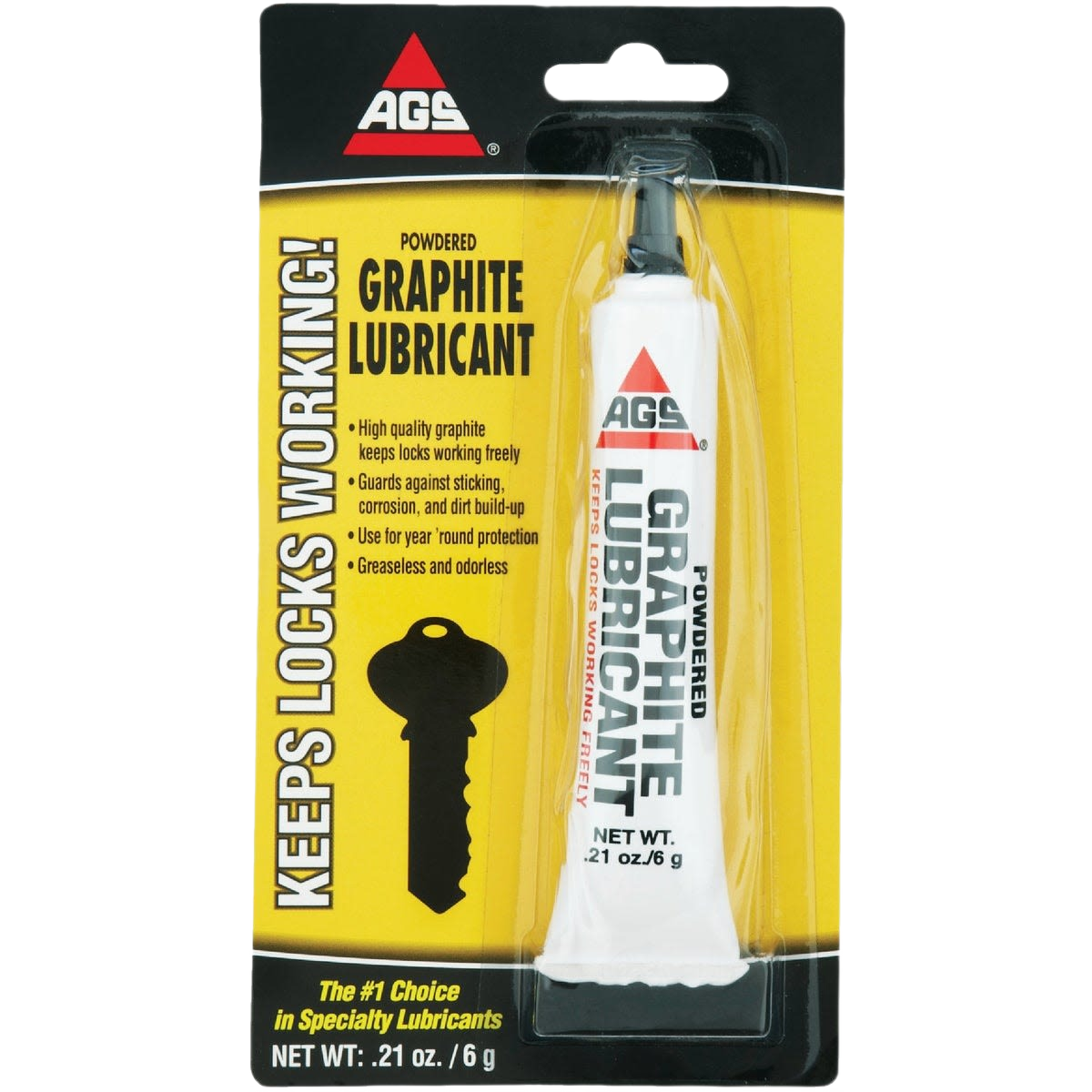 Tube of powdered graphite lubricant in black and white packaging with key illustration for lock maintenance tasks