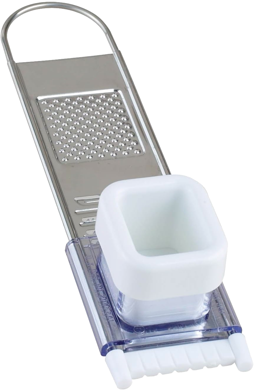 Stainless steel garlic slicer and grater with white plastic holder, designed for kitchen utensils and cooking tools collections under $50