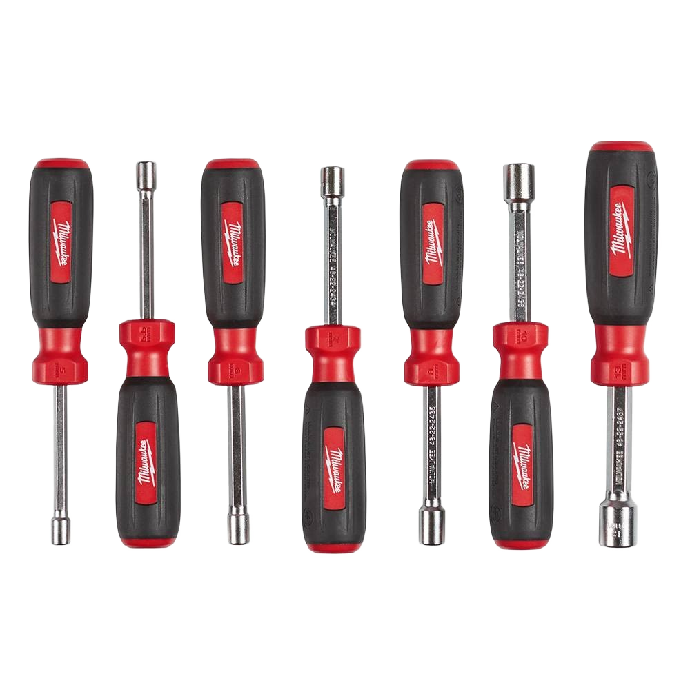 Set of seven red and black hollow shaft metric nut drivers with ergonomic handles for home improvement tasks