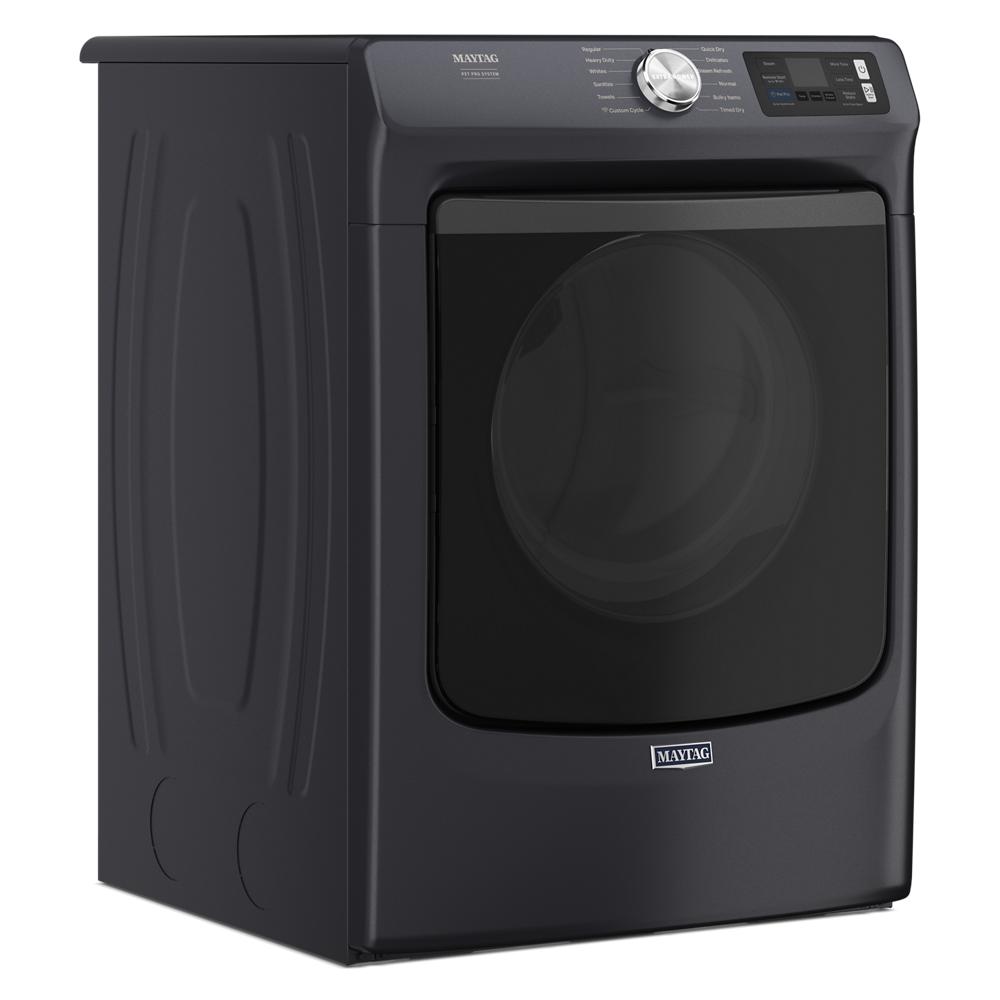 Dark gray front load gas dryer with large tinted window door, digital display, and control knob, part of Dryers, Gas Dryers, Appliances, and Washers & Dryers collections.