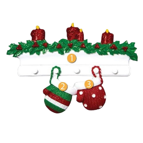 White wall hook decorated with holly leaves, red berries, and three red candles with hanging red and green mittens for Christmas decor