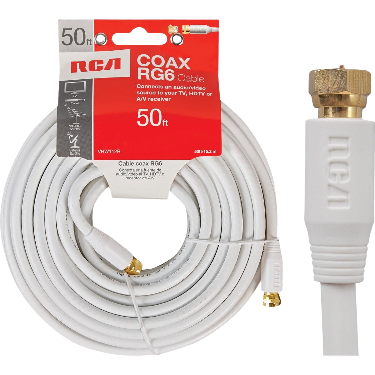 White RG6 coaxial cable with gold-plated connectors designed for audio and video home improvement use