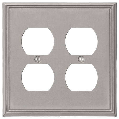 Brushed nickel double duplex outlet wall plate with a modern bevel edge design for home improvement projects
