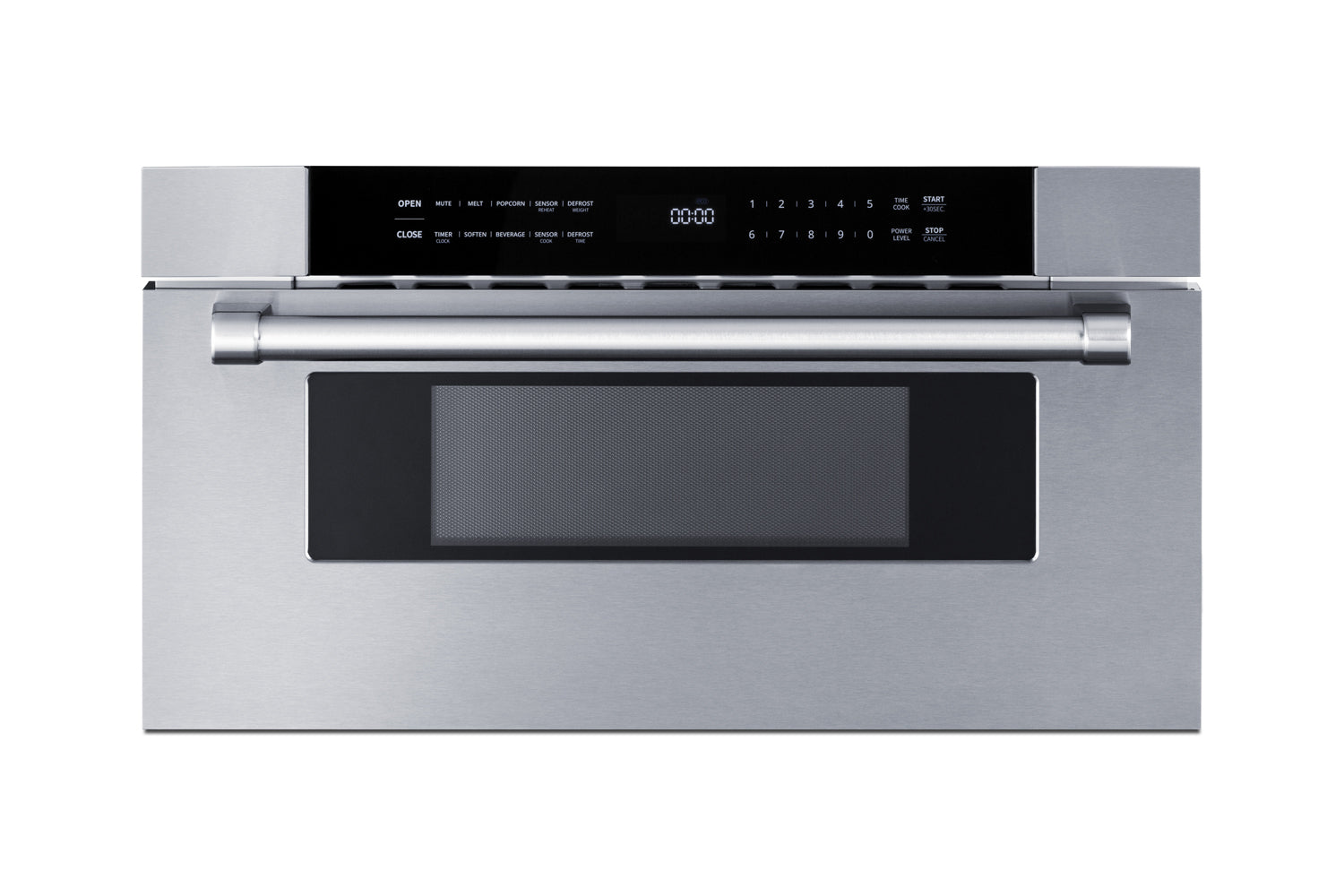 Stainless steel built-in drawer microwave with digital control panel and horizontal handle in kitchen appliances collection
