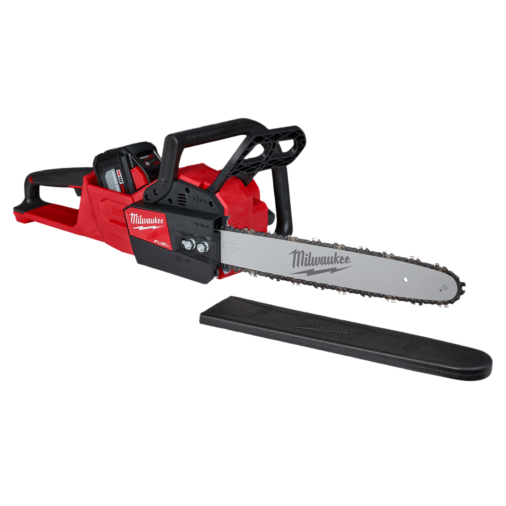 Red and black cordless chainsaw with 16-inch bar and removable protective cover in outdoor power tools collections